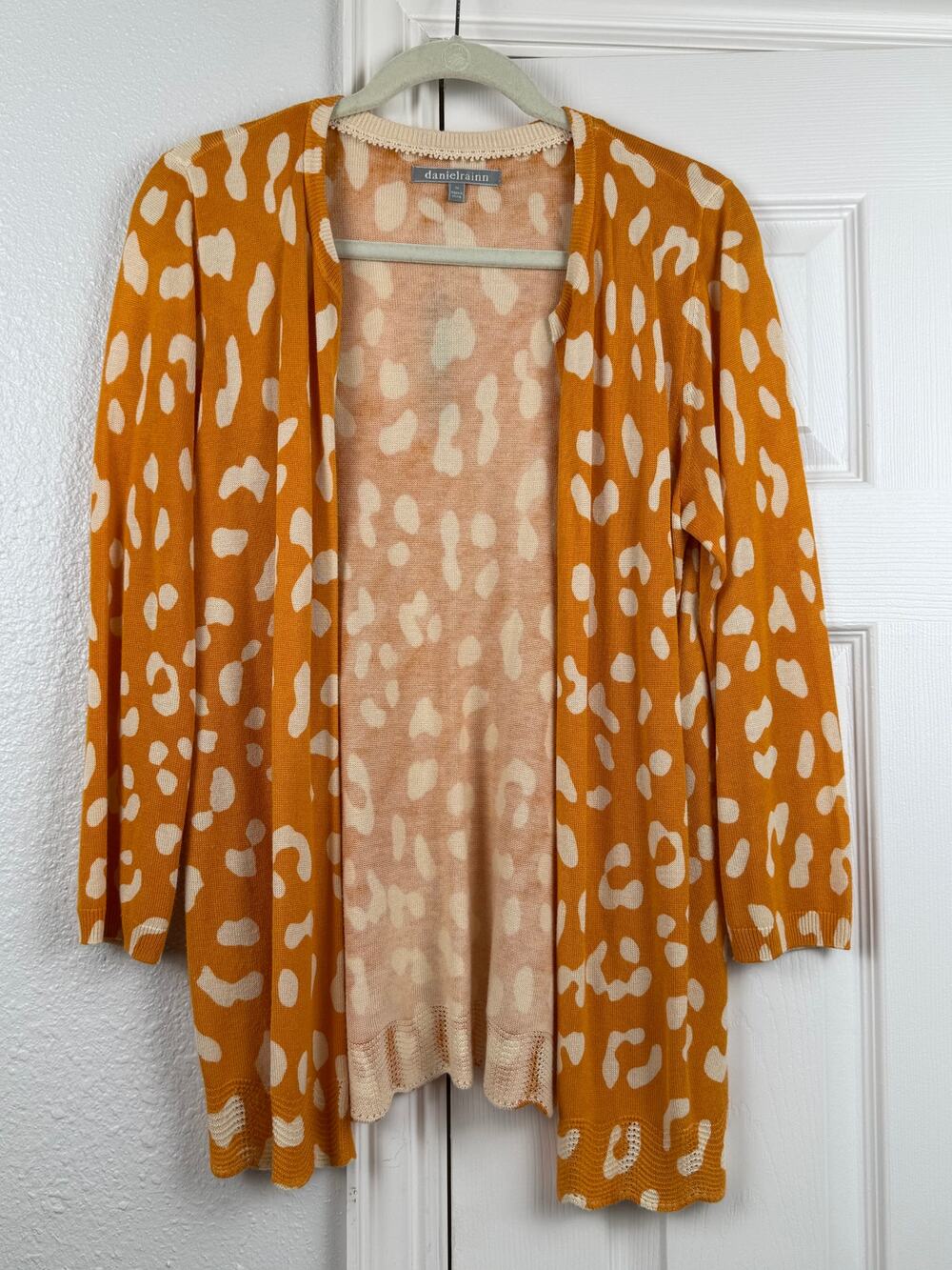 Daniel Rainn Leopard Cardigan Mustard Cream Open Front Lightweight Medium